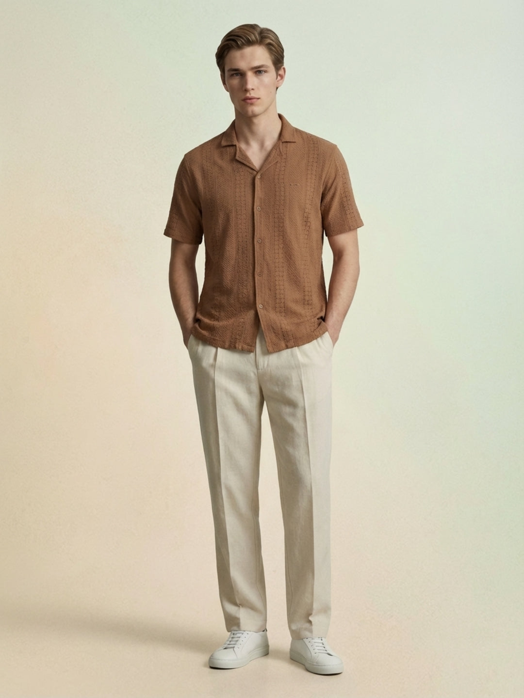 Iconic Men Brown Embroidered Resort Fit Pure Cotton Shirt