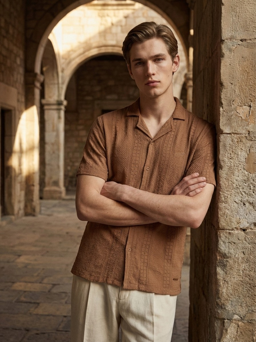 Iconic Men Brown Embroidered Resort Fit Pure Cotton Shirt