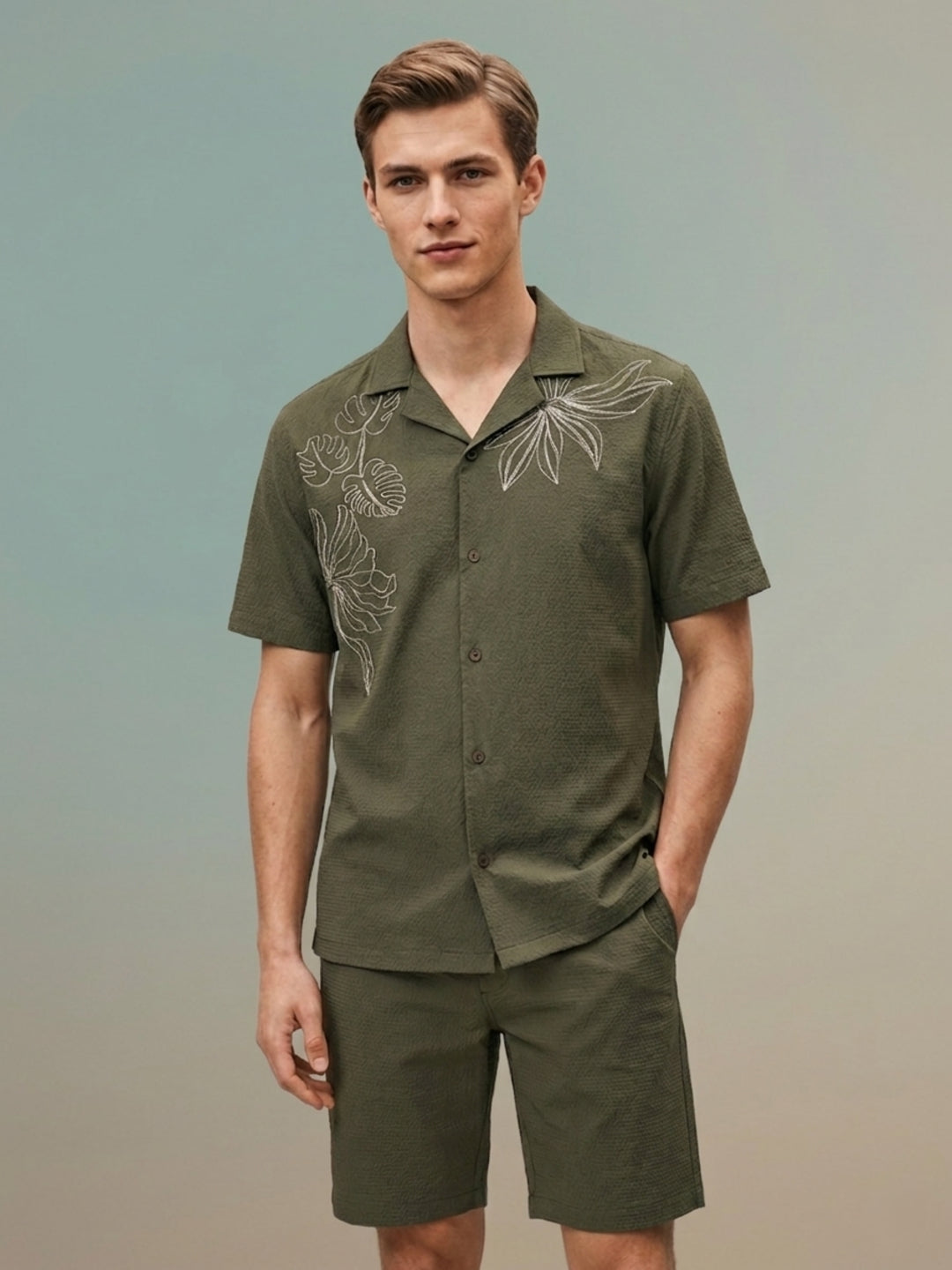 Iconic Men Green Embroidered Shirt