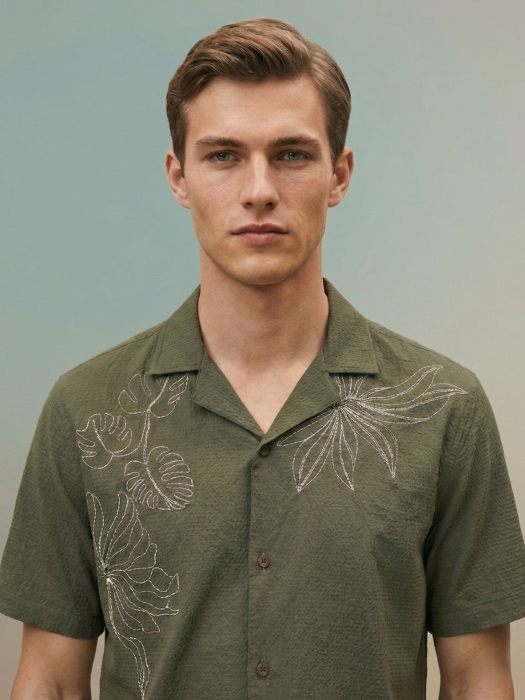 Iconic Men Green Embroidered Shirt