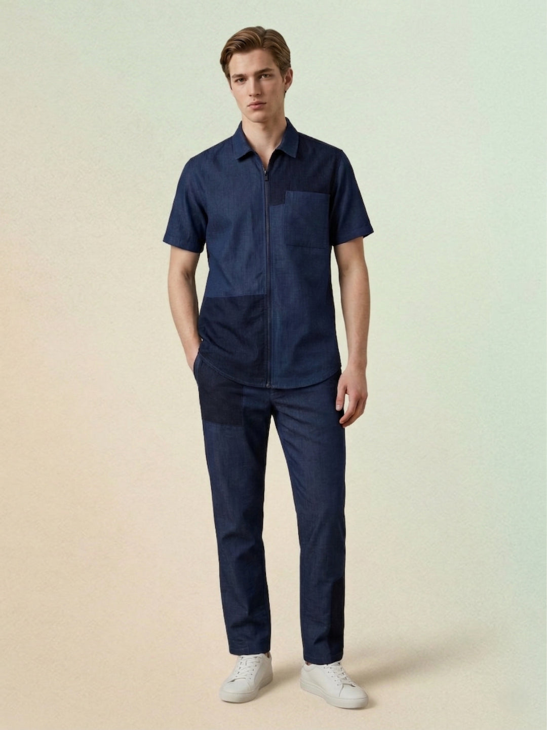 Iconic Men Navy Blue Colorblocked Shirt