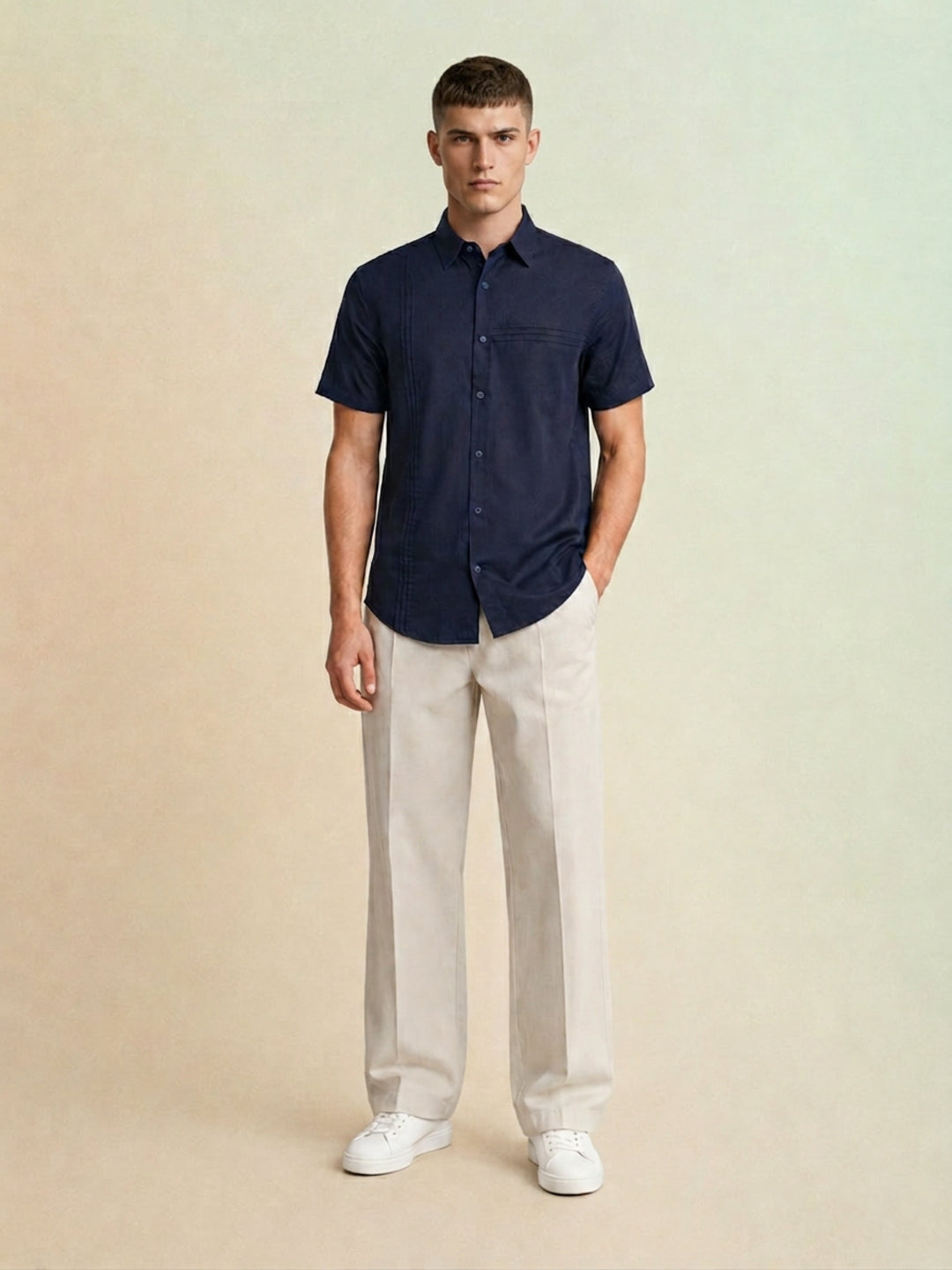 Iconic Men Navy Blue Solid Resort Fit Shirt