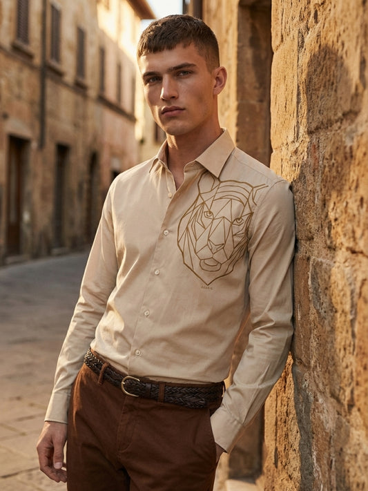 Iconic Men Cream Graphic Print Regular Fit Pure Cotton Shirt