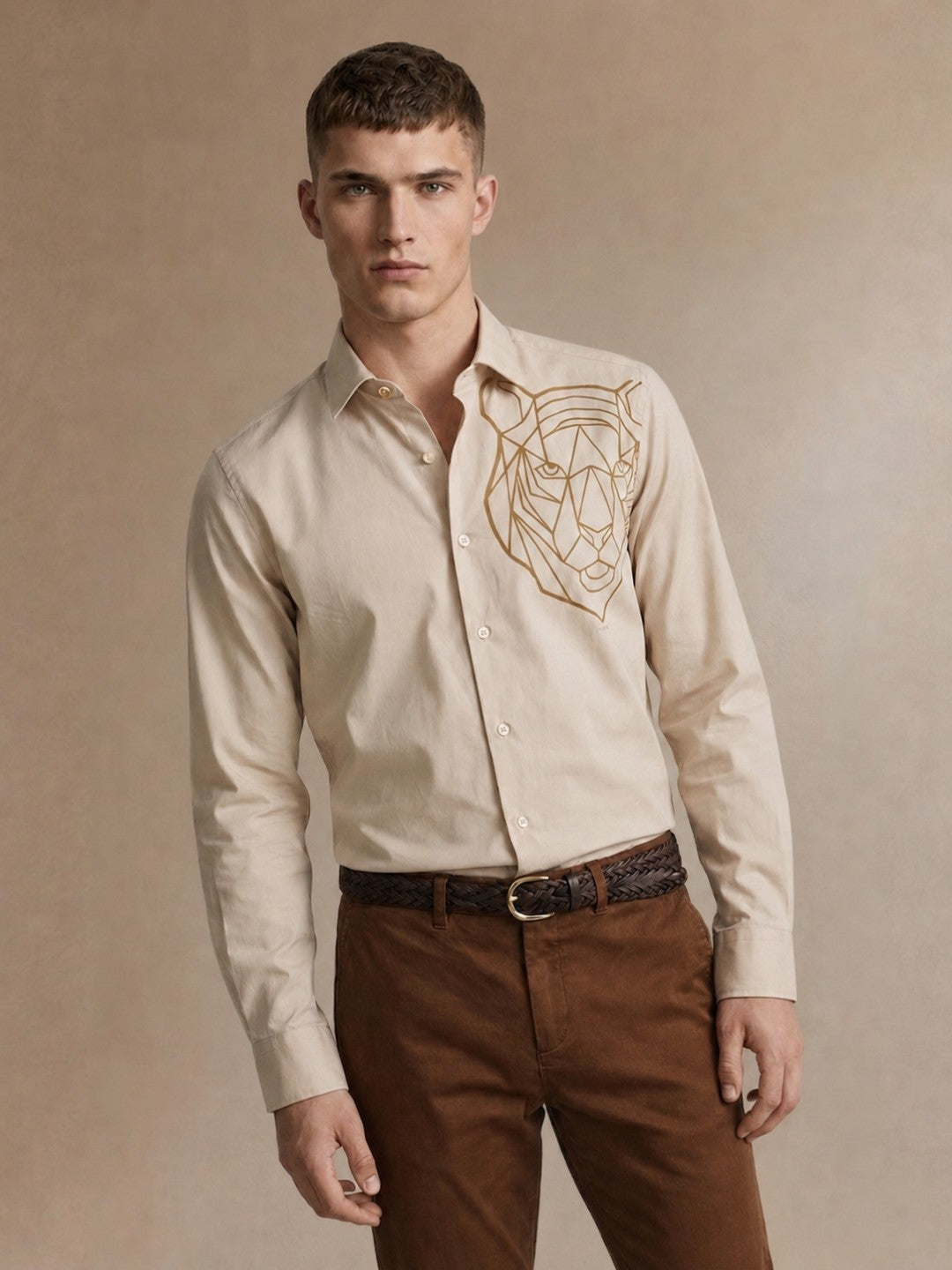 Iconic Men Cream Graphic Print Regular Fit Pure Cotton Shirt