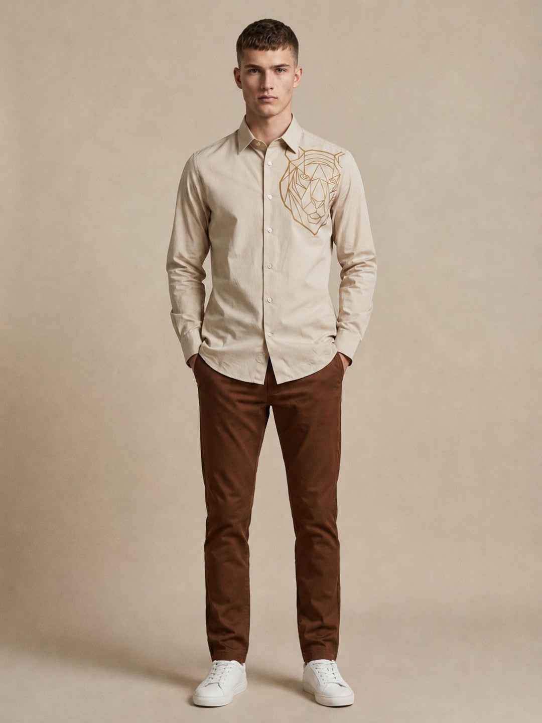 Iconic Men Cream Graphic Print Regular Fit Pure Cotton Shirt