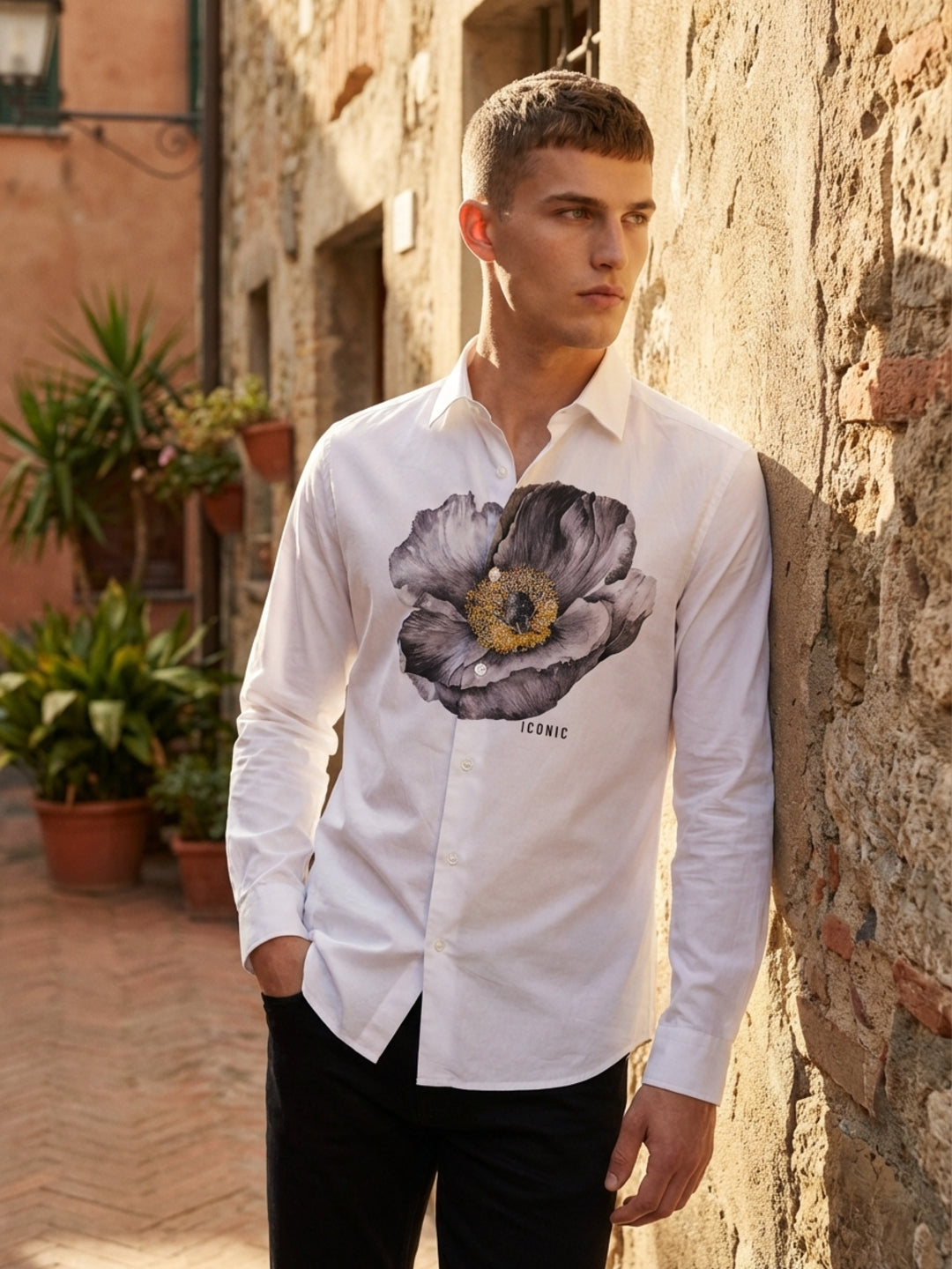 Iconic Men White Cotton Floral Printed Shirt