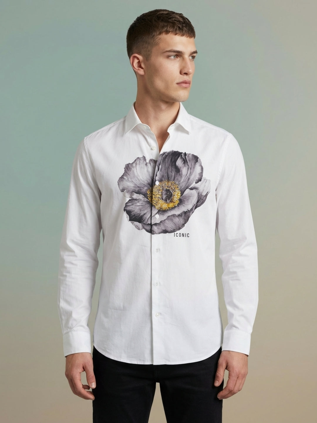 Iconic Men White Cotton Floral Printed Shirt