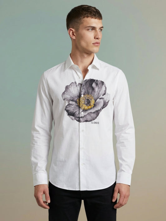 Iconic Men White Cotton Floral Printed Shirt