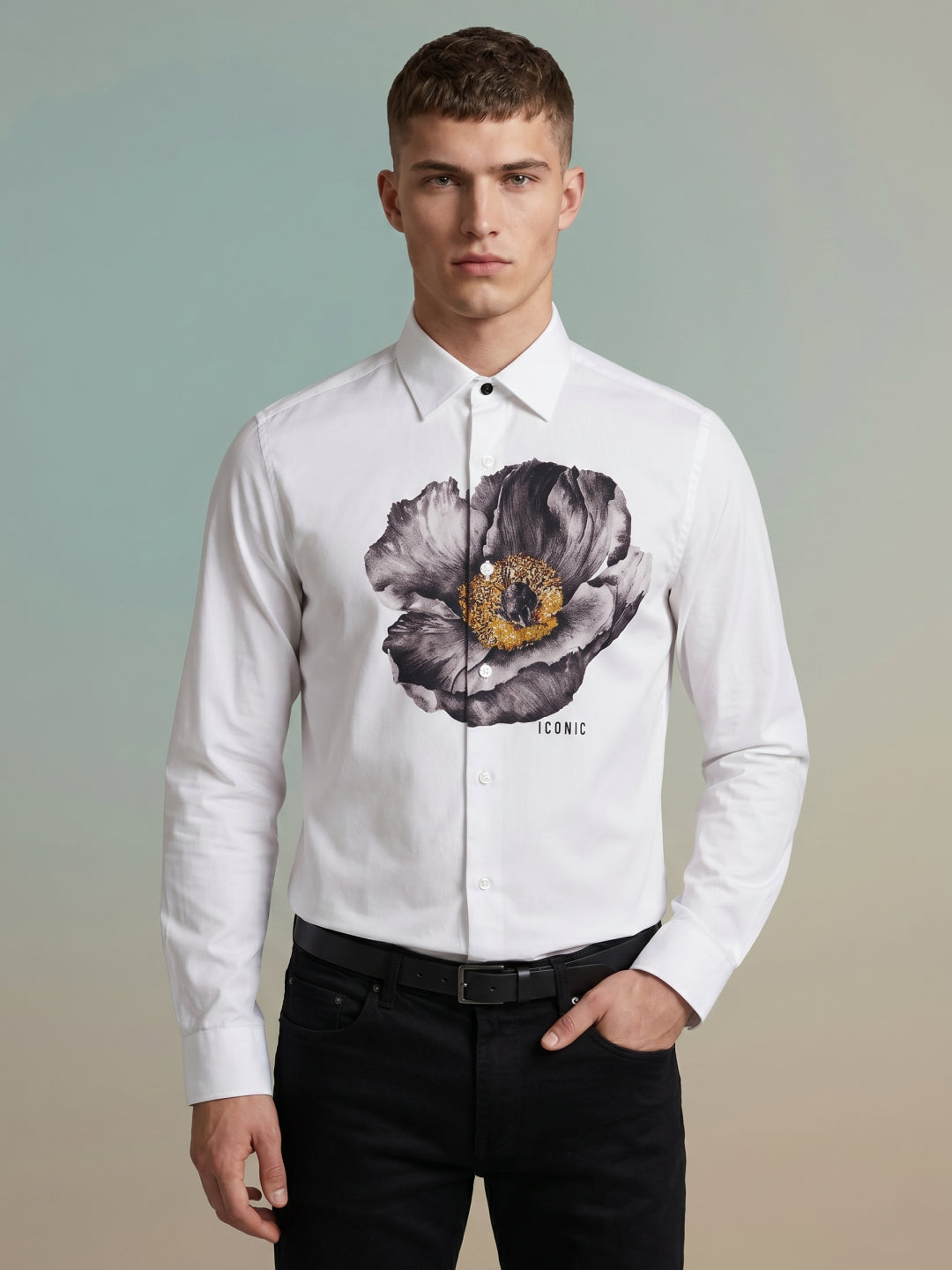 Iconic Men White Printed Regular Fit Pure Cotton Shirt