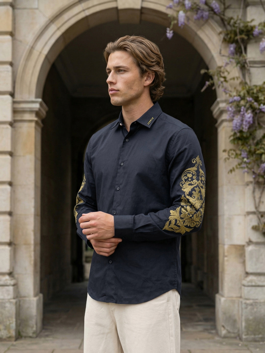 Iconic Men Black Embroidered Regular Fit Pure Cotton Shirt