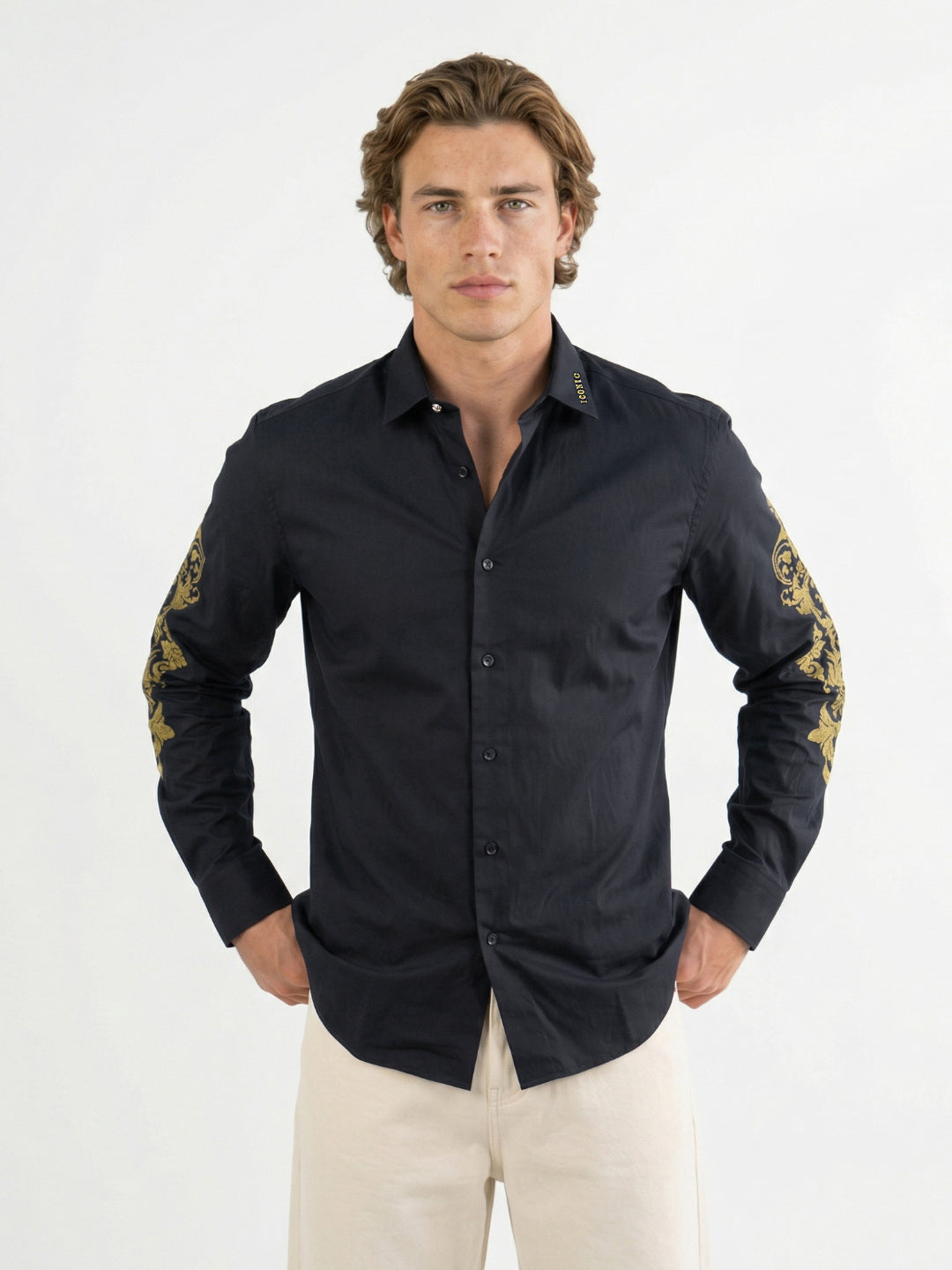 Iconic Men Black Embroidered Regular Fit Pure Cotton Shirt
