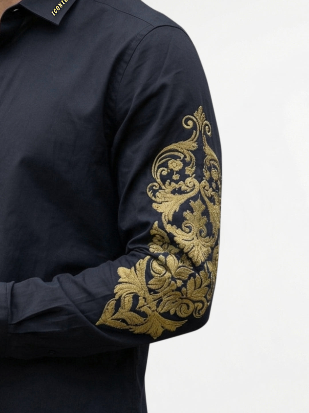 Iconic Men Black Embroidered Regular Fit Pure Cotton Shirt