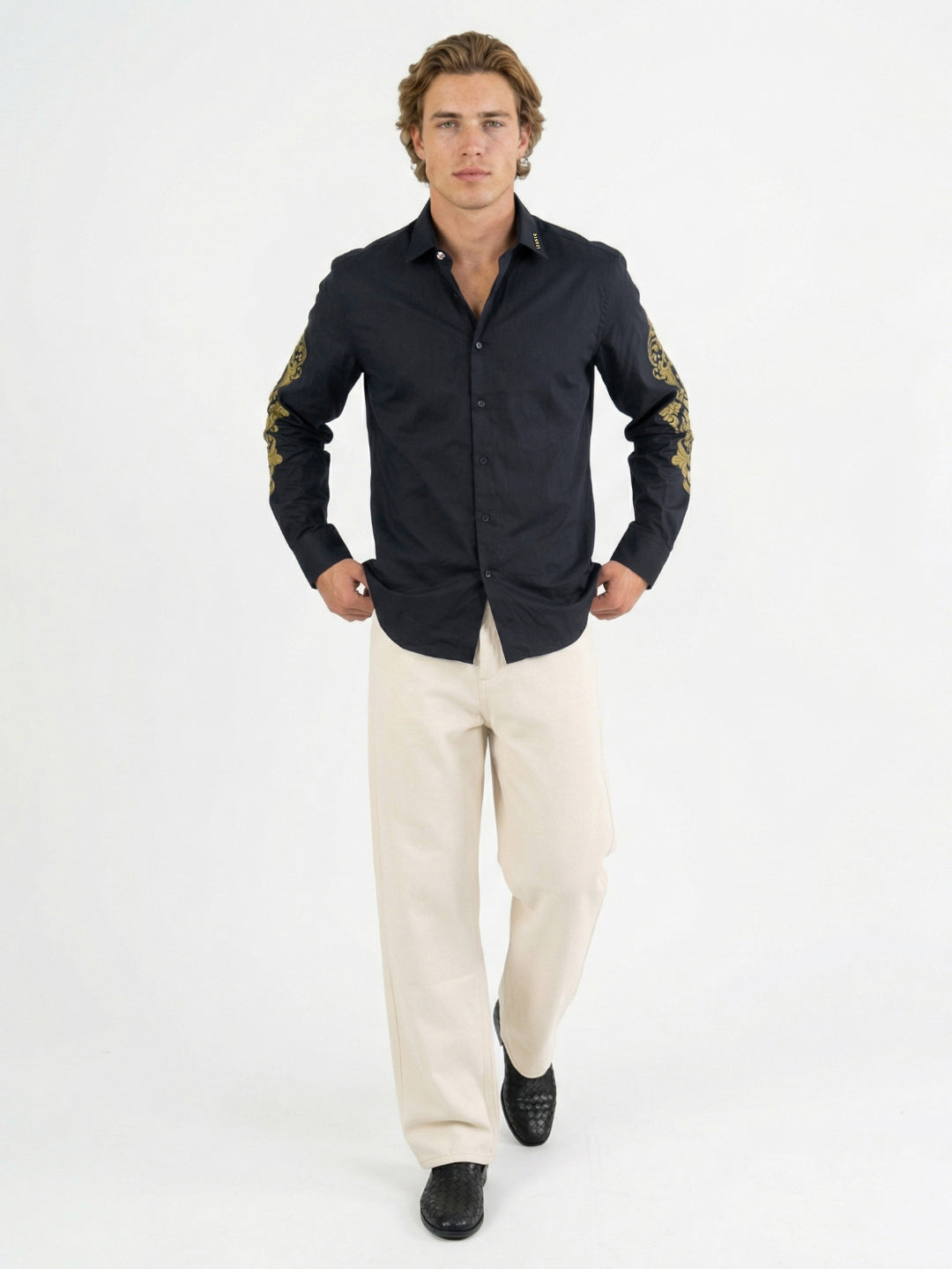 Iconic Men Black Embroidered Regular Fit Pure Cotton Shirt