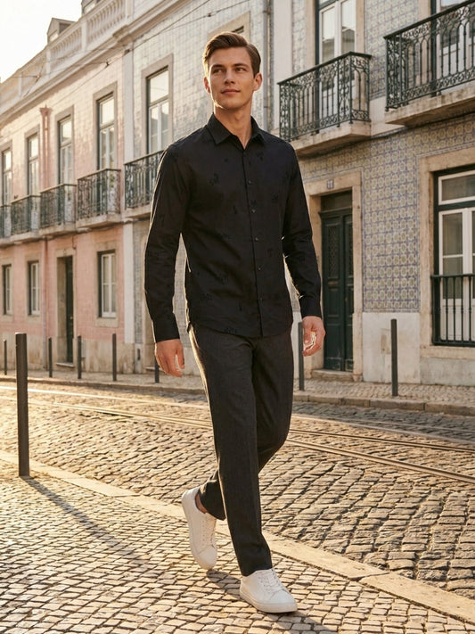 Iconic Black Cotton Printed Men Shirt