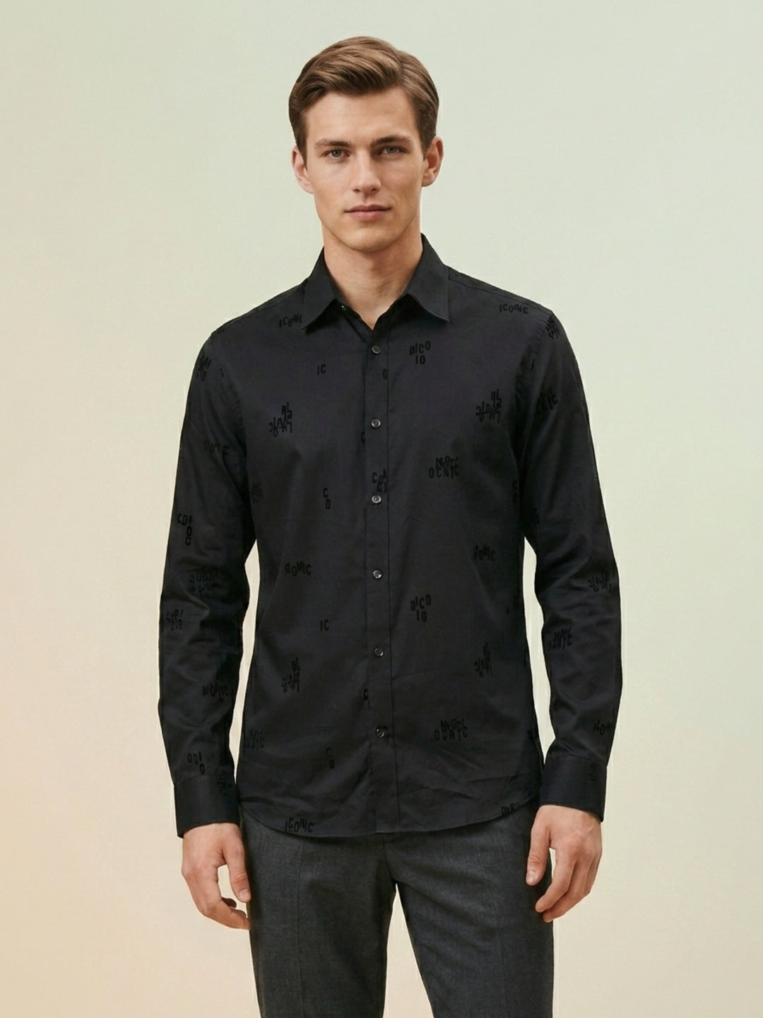 Iconic Black Cotton Printed Men Shirt