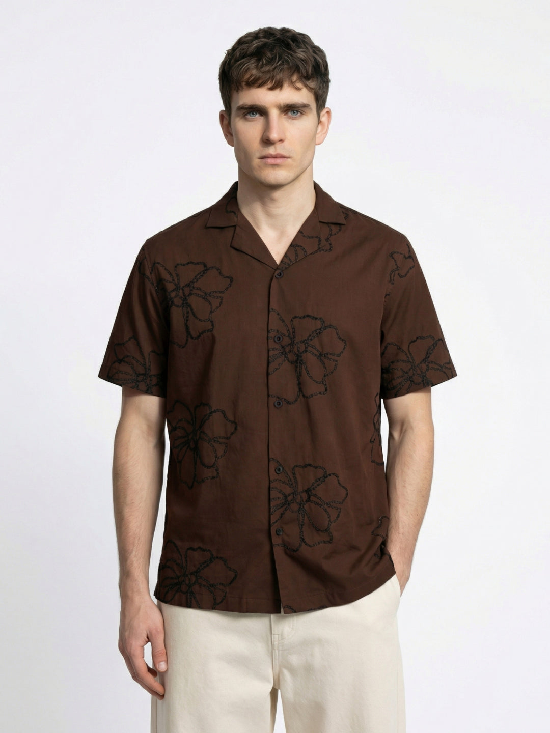 Iconic Men Cotton Brown Embroidered Shirt