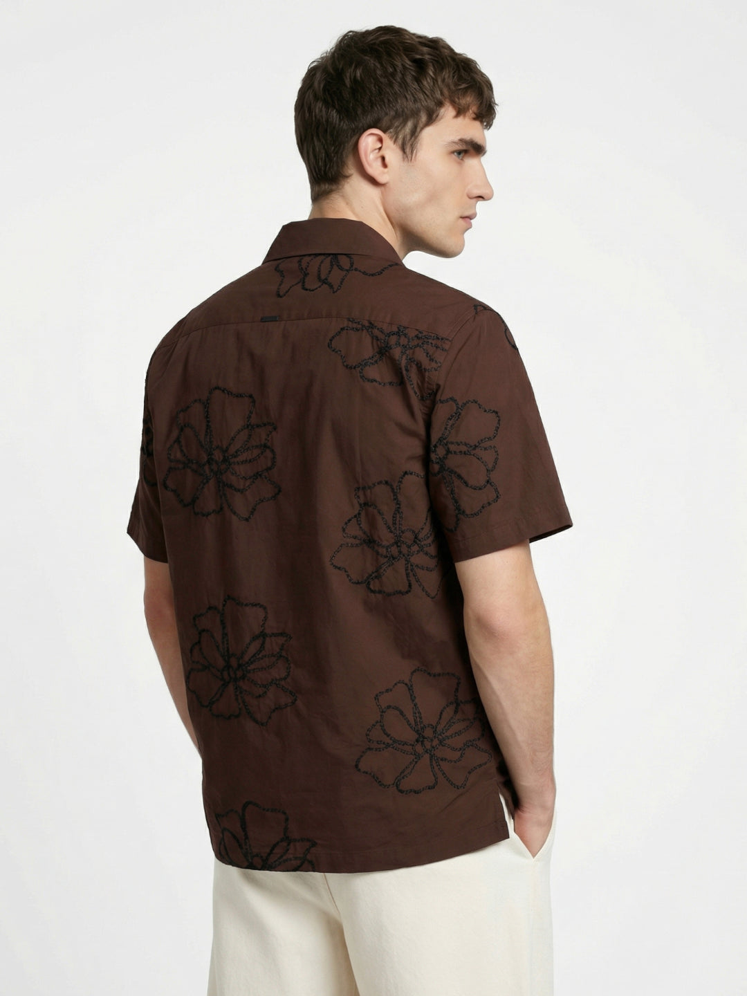 Iconic Men Cotton Brown Embroidered Shirt
