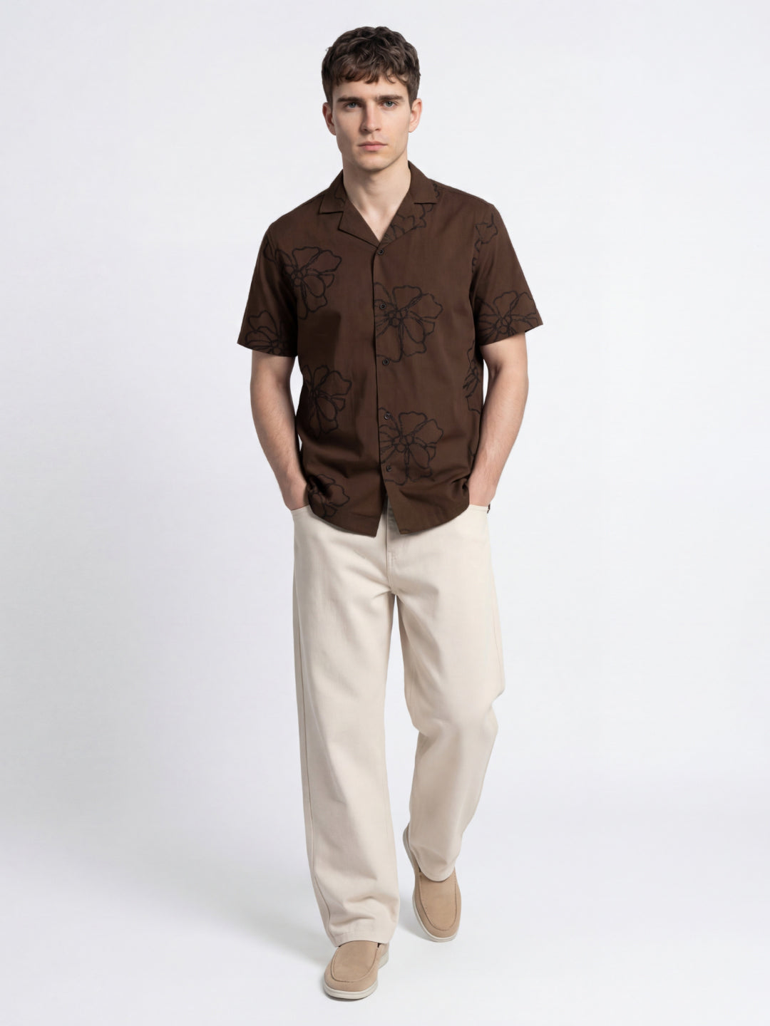 Iconic Men Cotton Brown Embroidered Shirt
