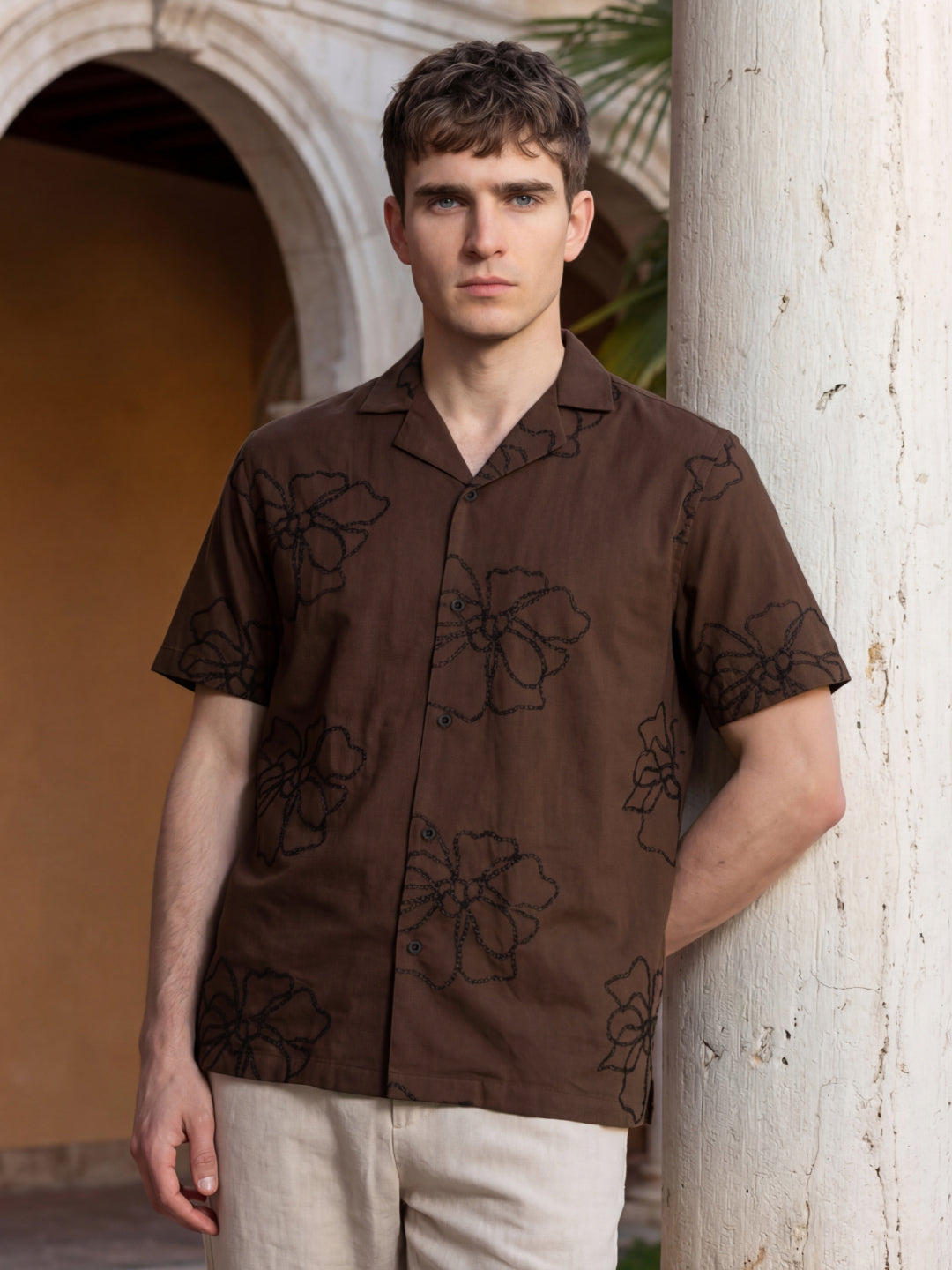 Iconic Men Cotton Brown Embroidered Shirt