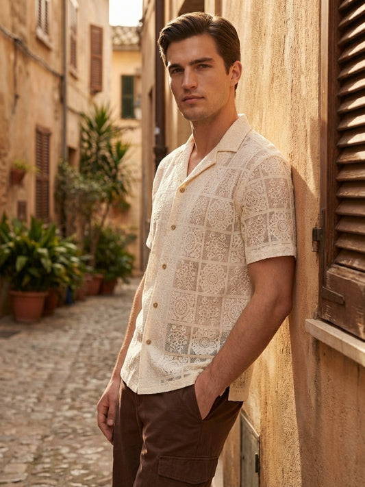 Iconic Men Cream Woven Design Resort Shirt
