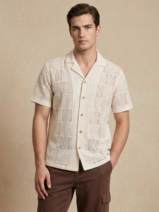 Iconic Men Cream Woven Design Resort Shirt