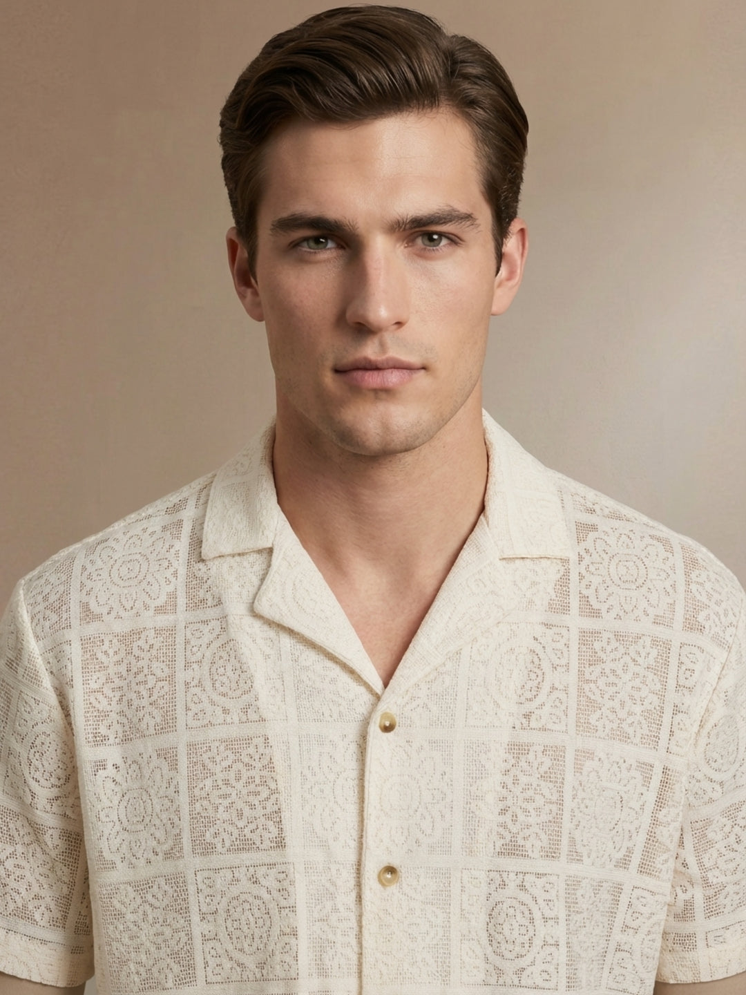 Iconic Men Cream Woven Design Resort Shirt