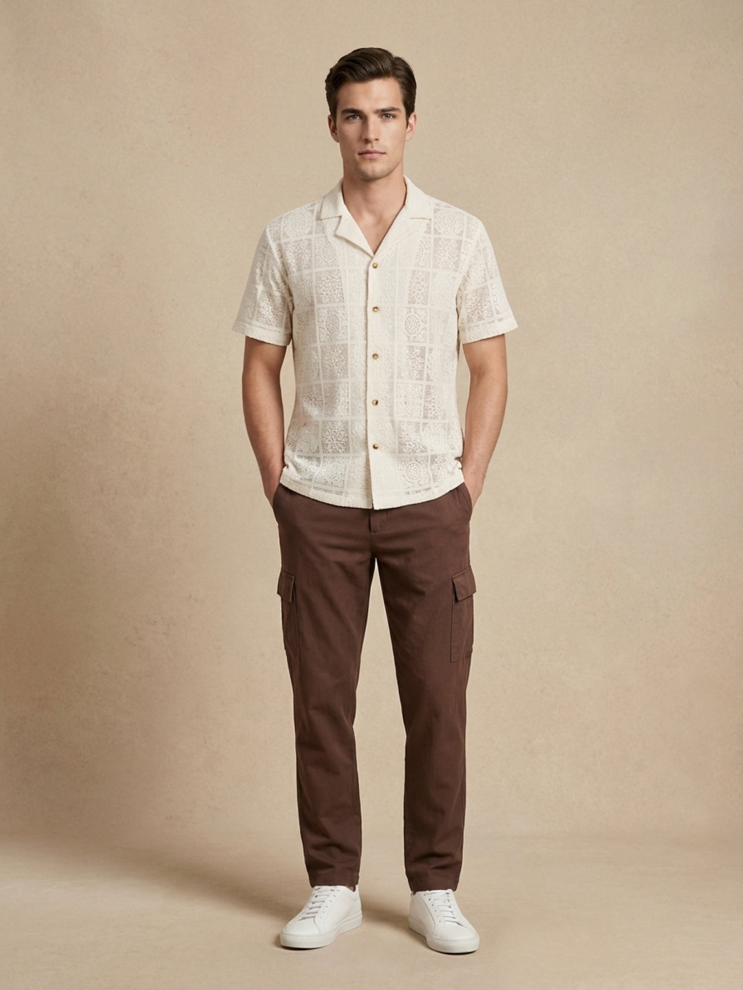 Iconic Men Cream Textured Resort Fit Shirt