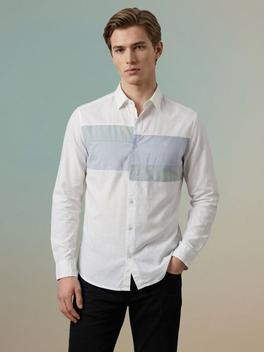 Iconic Men White Colorblock Regular Fit Pure Cotton Shirt