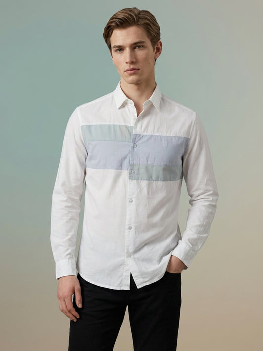 Iconic Men White Cotton Asymmetric Colourblocked Shirt