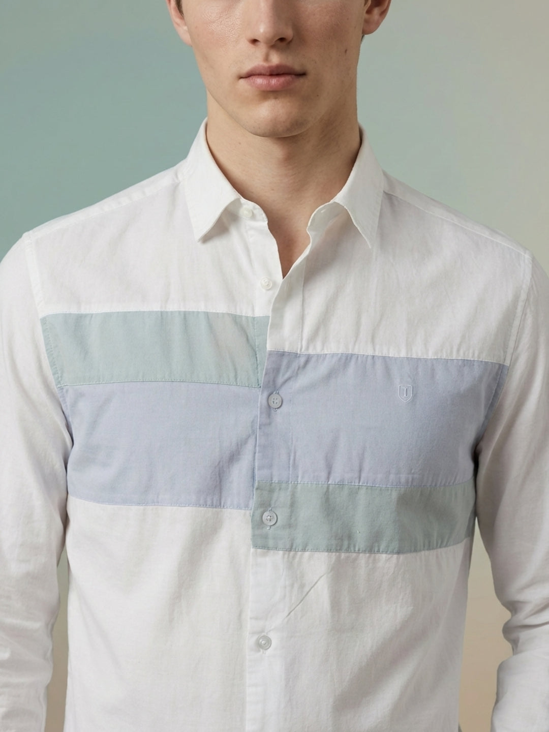 Iconic Men White Cotton Asymmetric Colourblocked Shirt