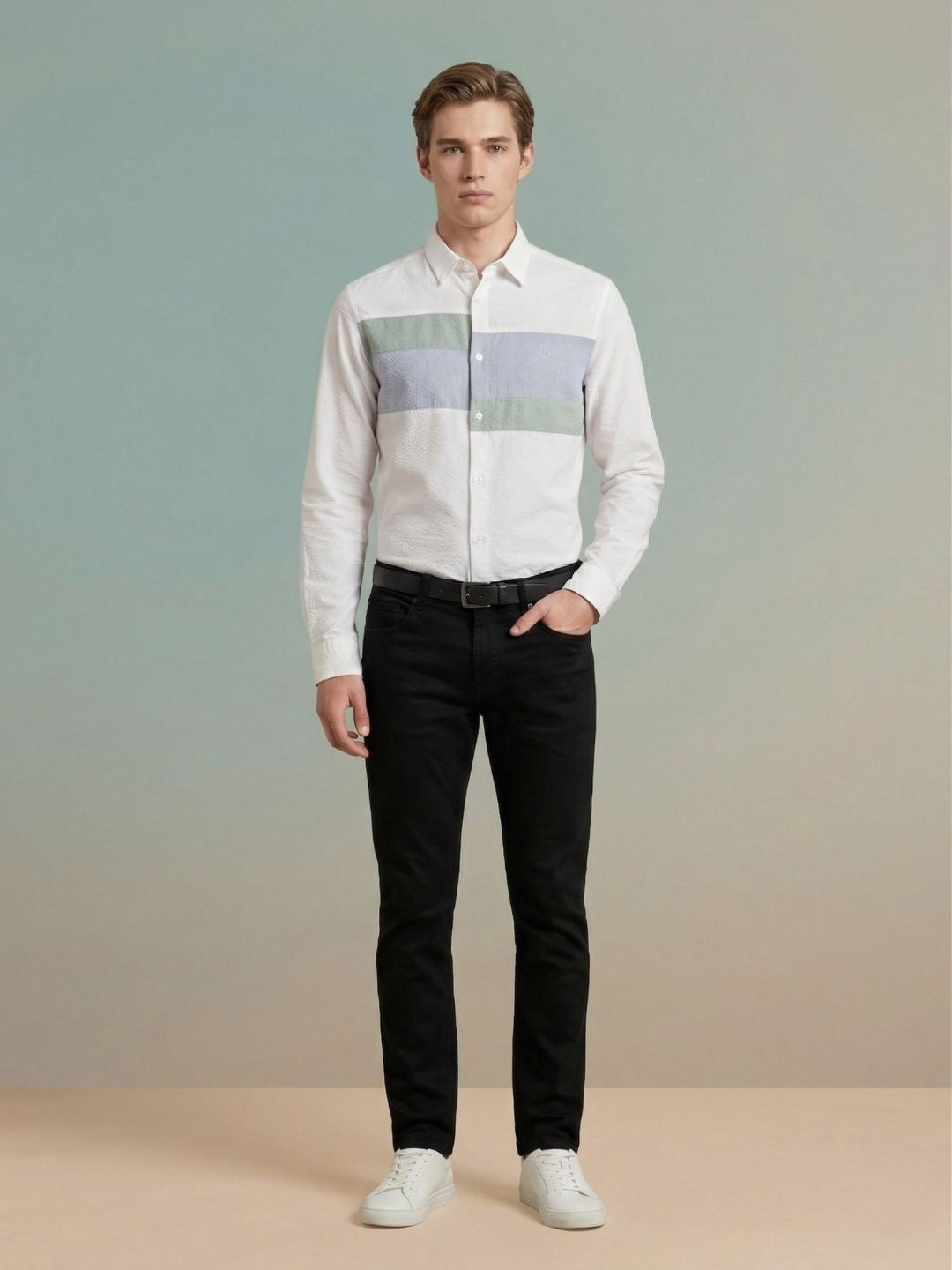 Iconic Men White Colorblock Regular Fit Pure Cotton Shirt
