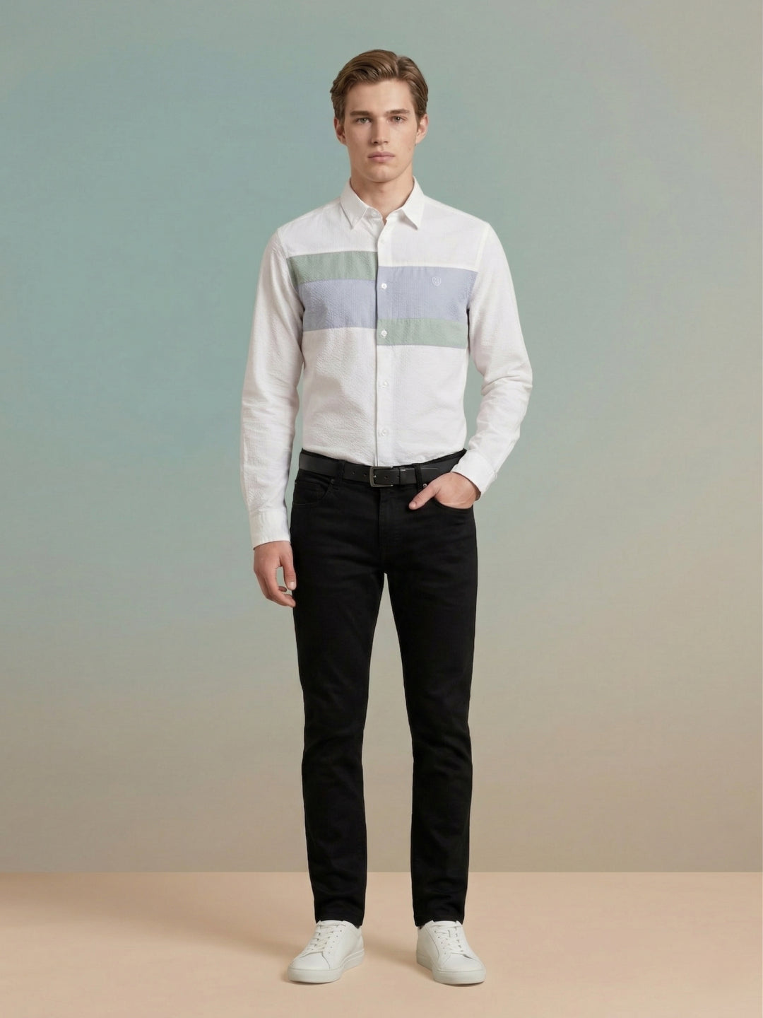 Iconic Men White Colorblock Regular Fit Pure Cotton Shirt