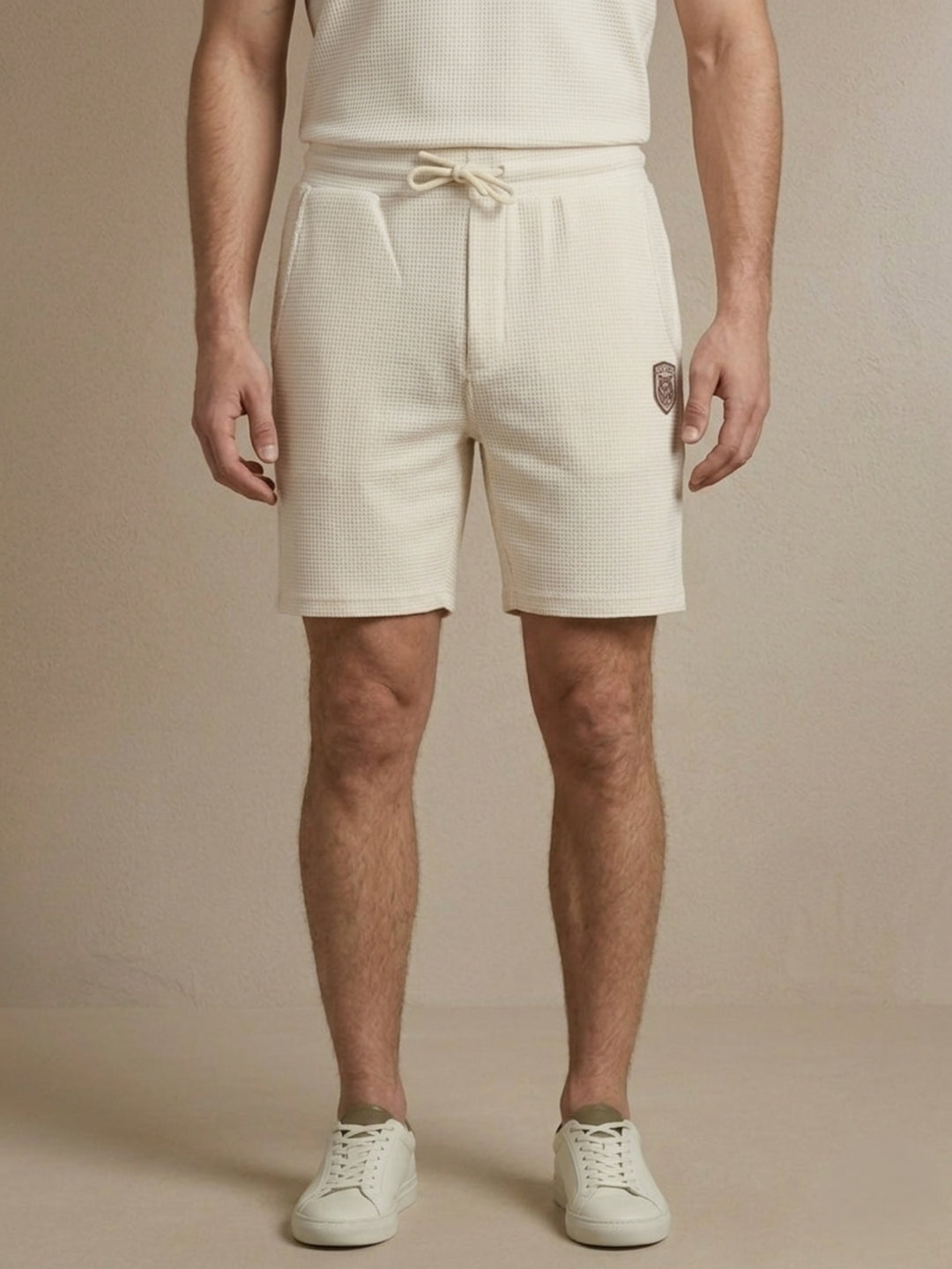 Iconic Men Cream Woven Design Mid Rise Shorts
