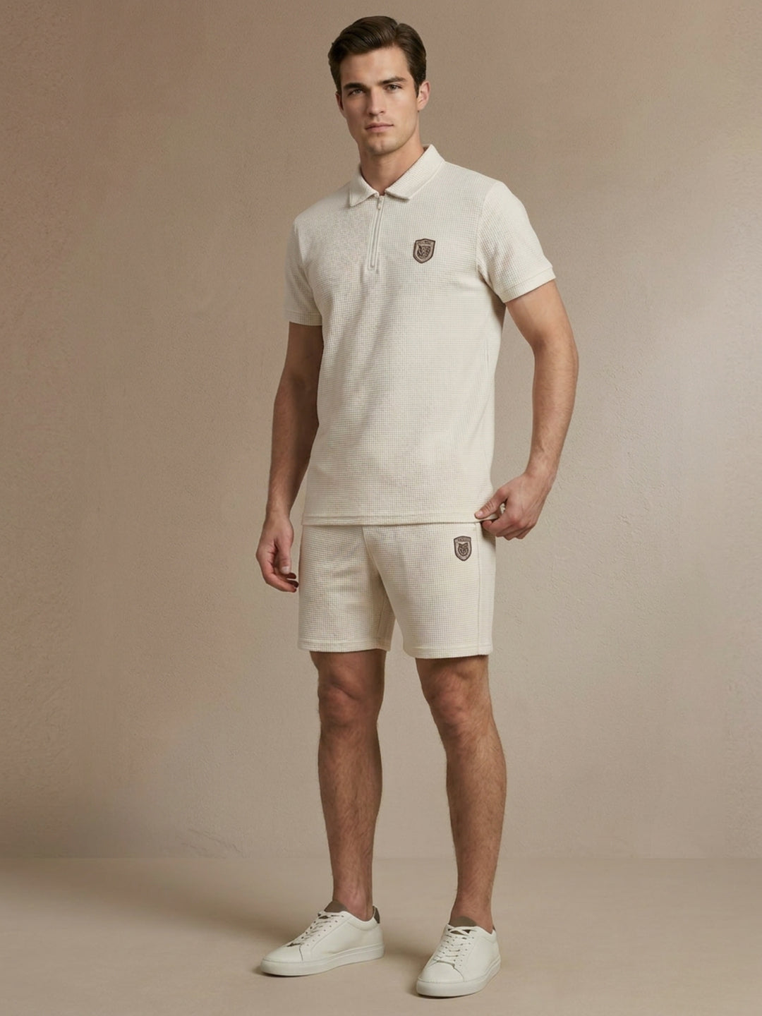 Iconic Men Cream Woven Design Mid Rise Shorts