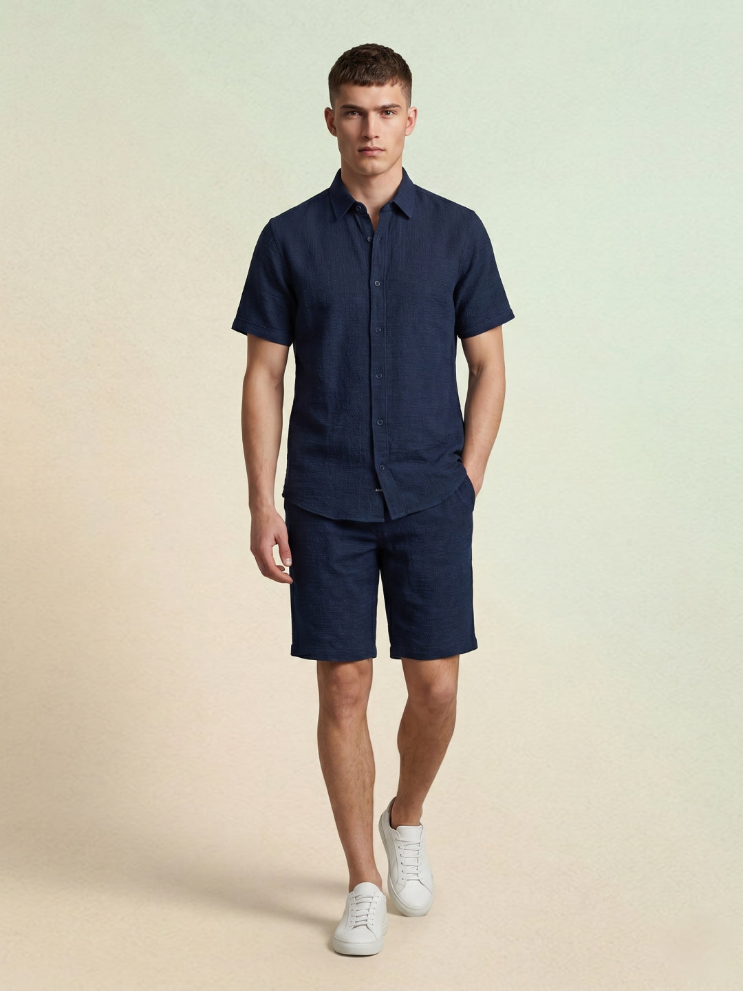 Iconic Blue Cotton Textured Men Shorts