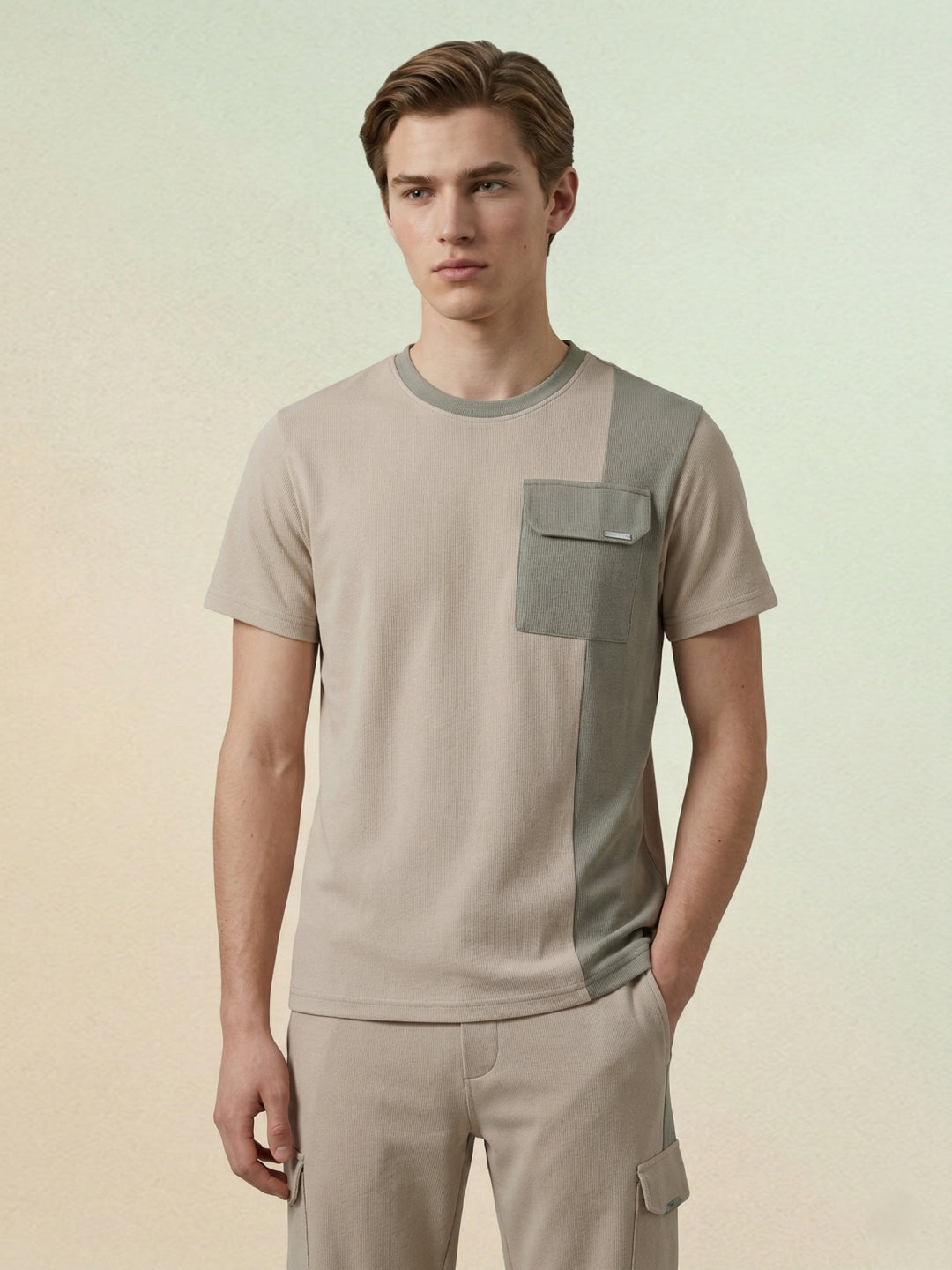 Iconic Men Beige Colorblock Regular Fit T-Shirt