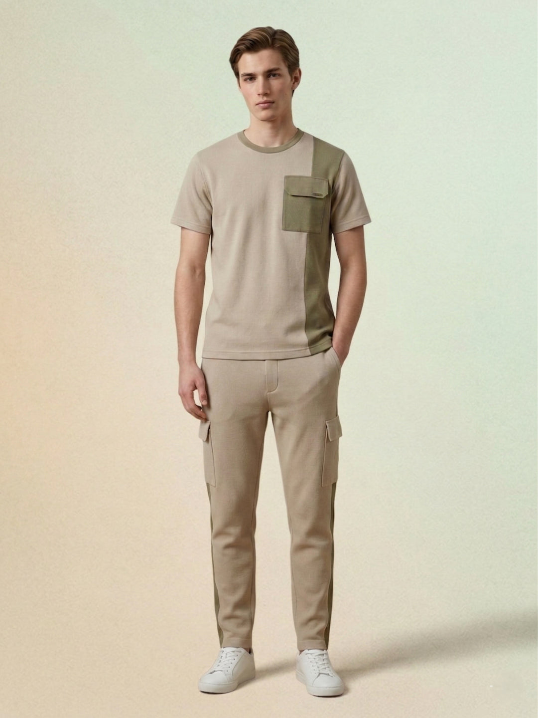 Iconic Men Beige Colorblock Regular Fit T-Shirt