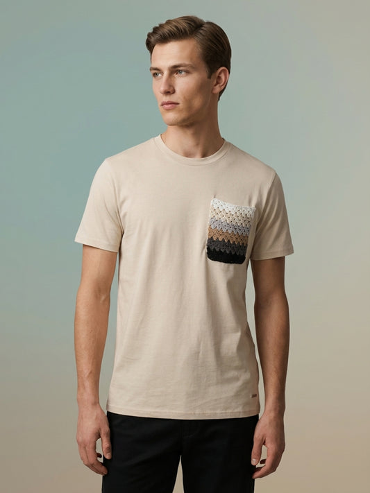 Iconic Men Cotton Beige Solid T-Shirt