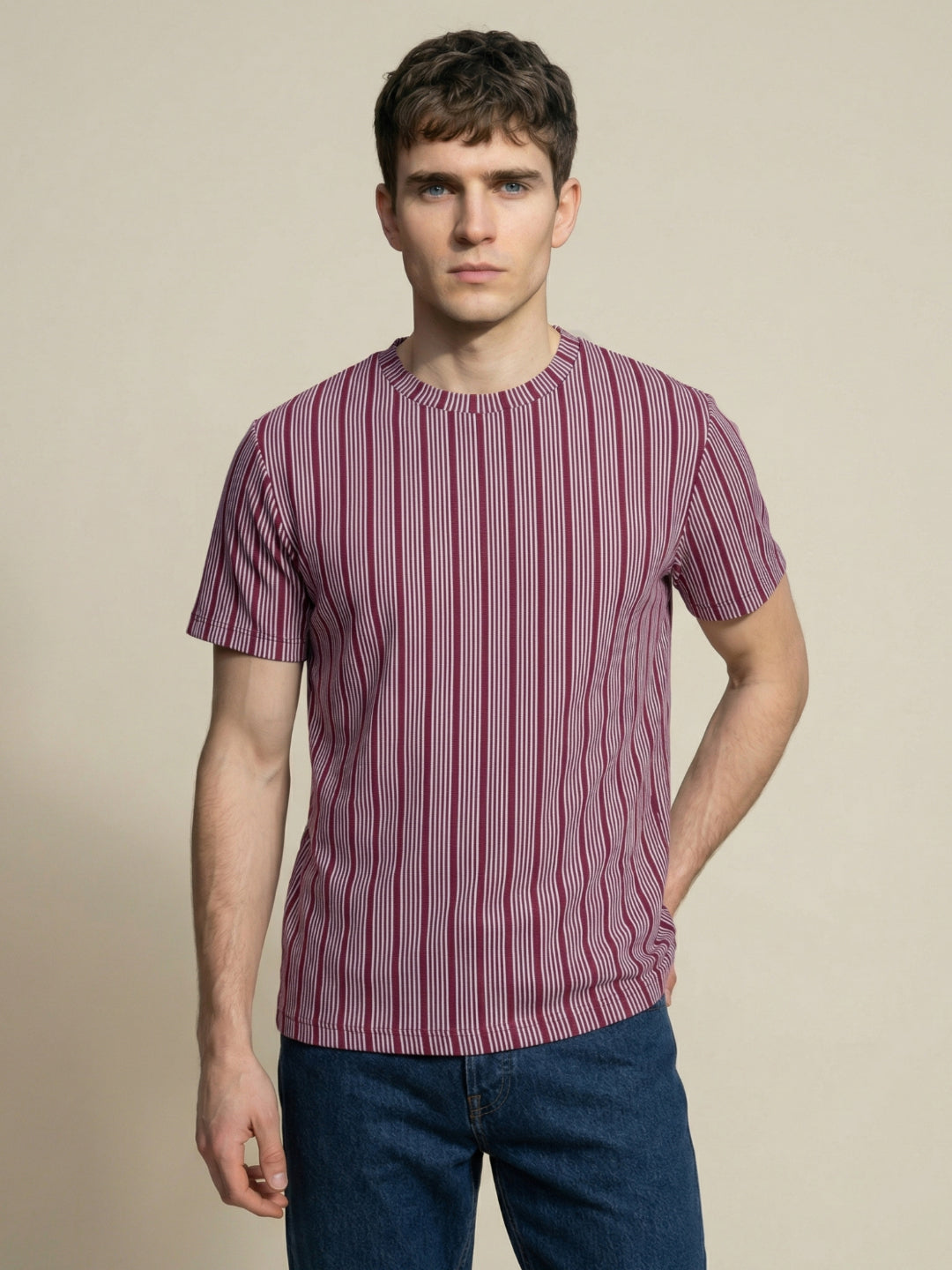 Iconic Men Maroon Striped Regular Fit T-Shirt