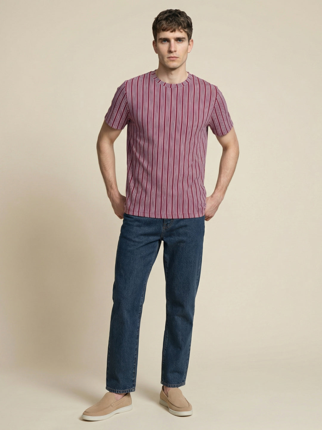 Iconic Men Maroon Striped Regular Fit T-Shirt