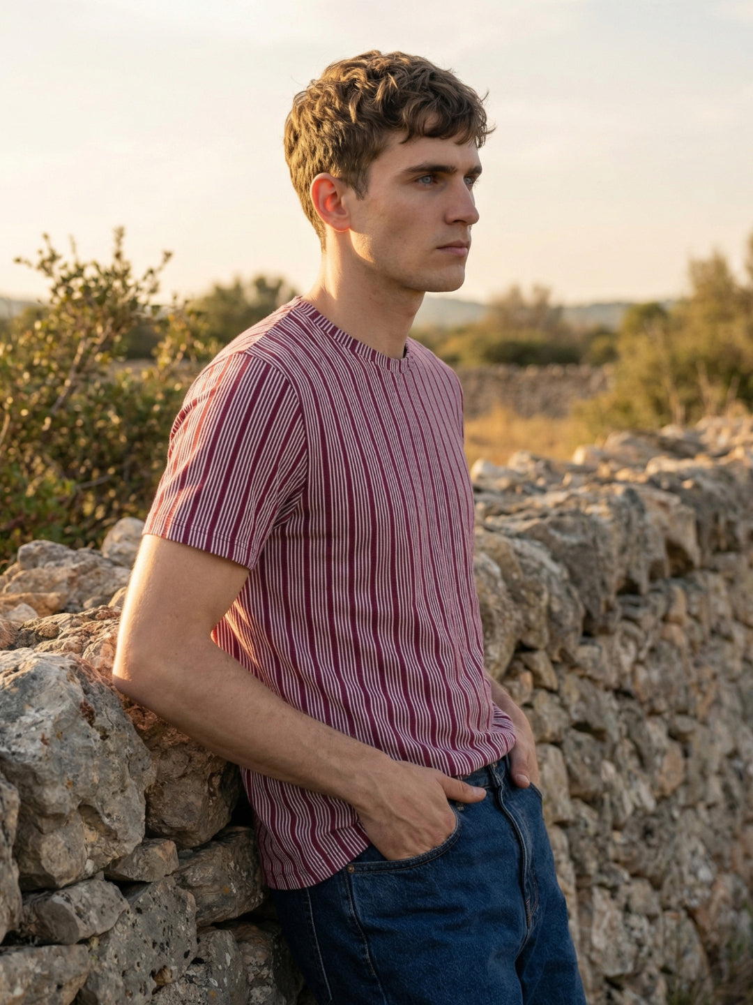 Iconic Men Maroon Striped Regular Fit T-Shirt