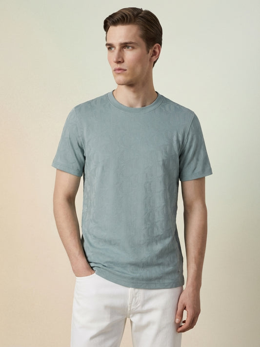 Iconic Men Green Jacquard Cotton T-Shirt