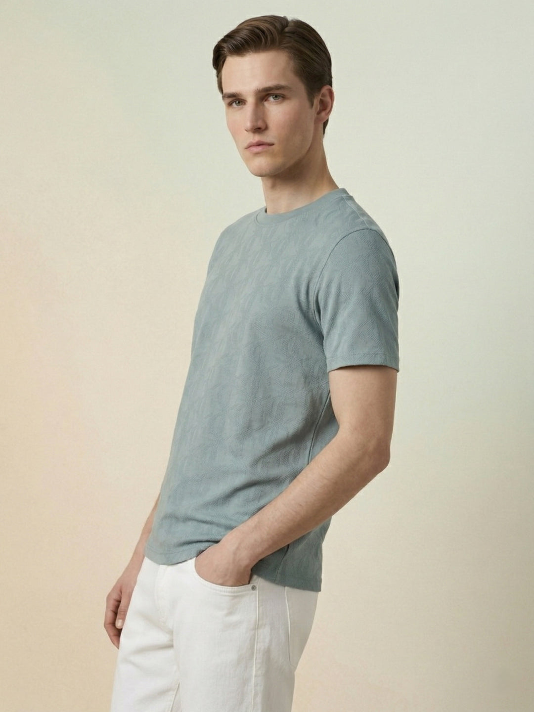 Iconic Men Green Jacquard Cotton T-Shirt