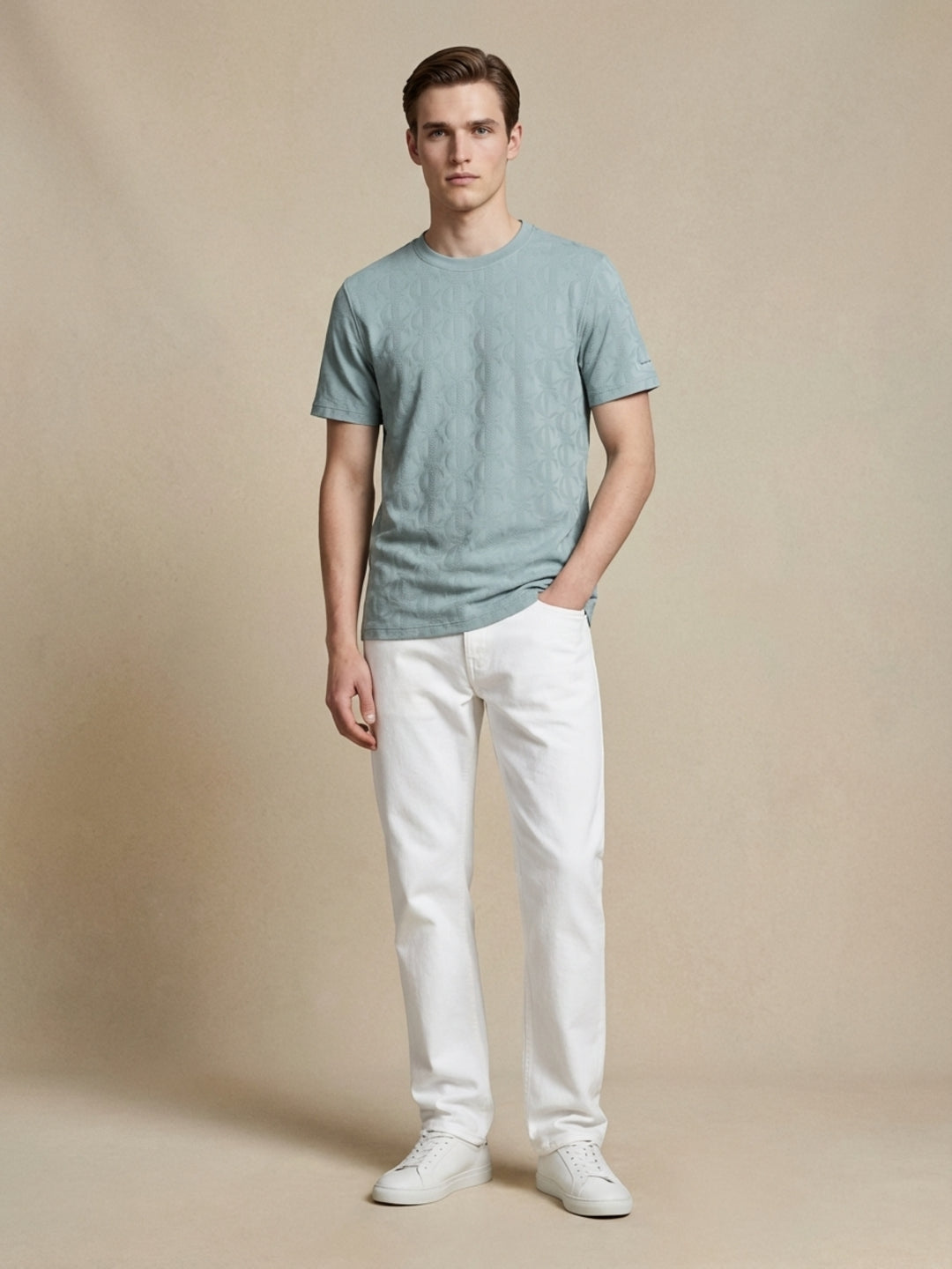 Iconic Men Green Jacquard Regular Fit Pure Cotton T-Shirt