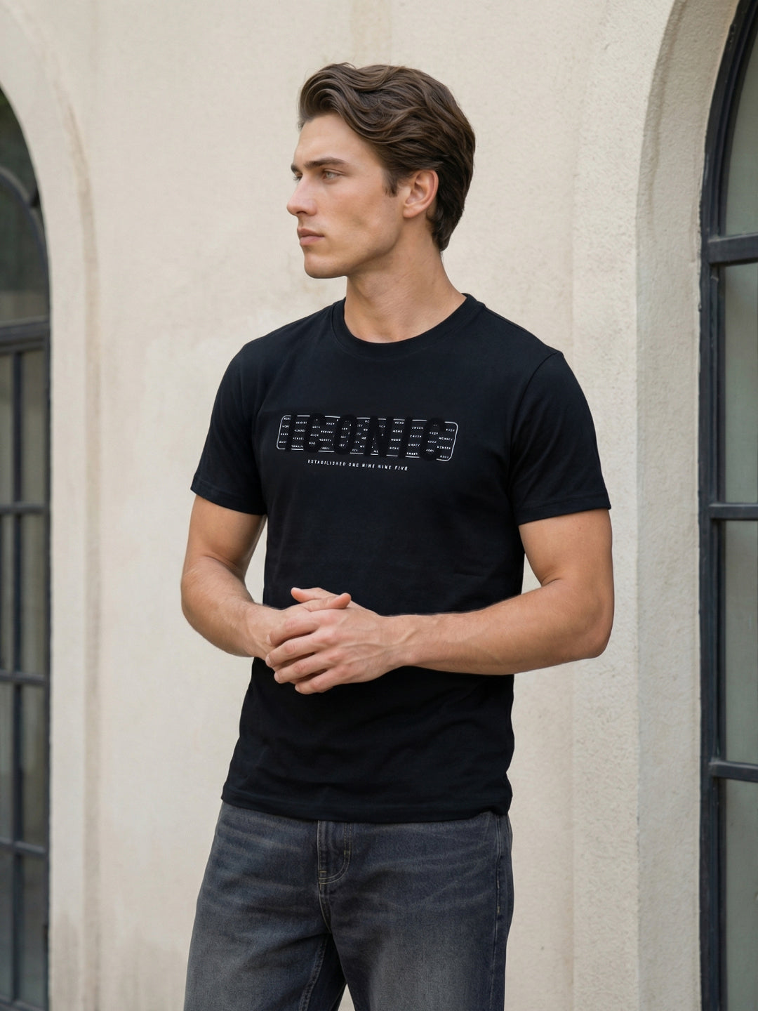 Iconic Men Black Graphic Print Regular Fit Pure Cotton T-Shirt