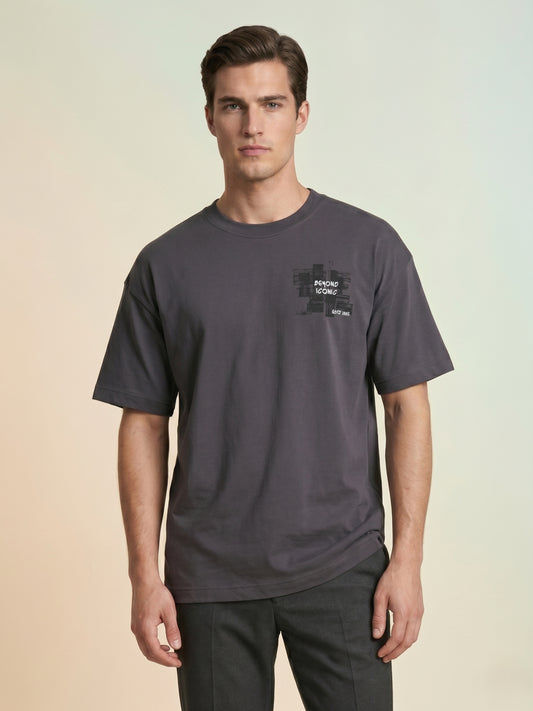 Iconic Men Grey Printed BOXY FIT Pure Cotton T-Shirt