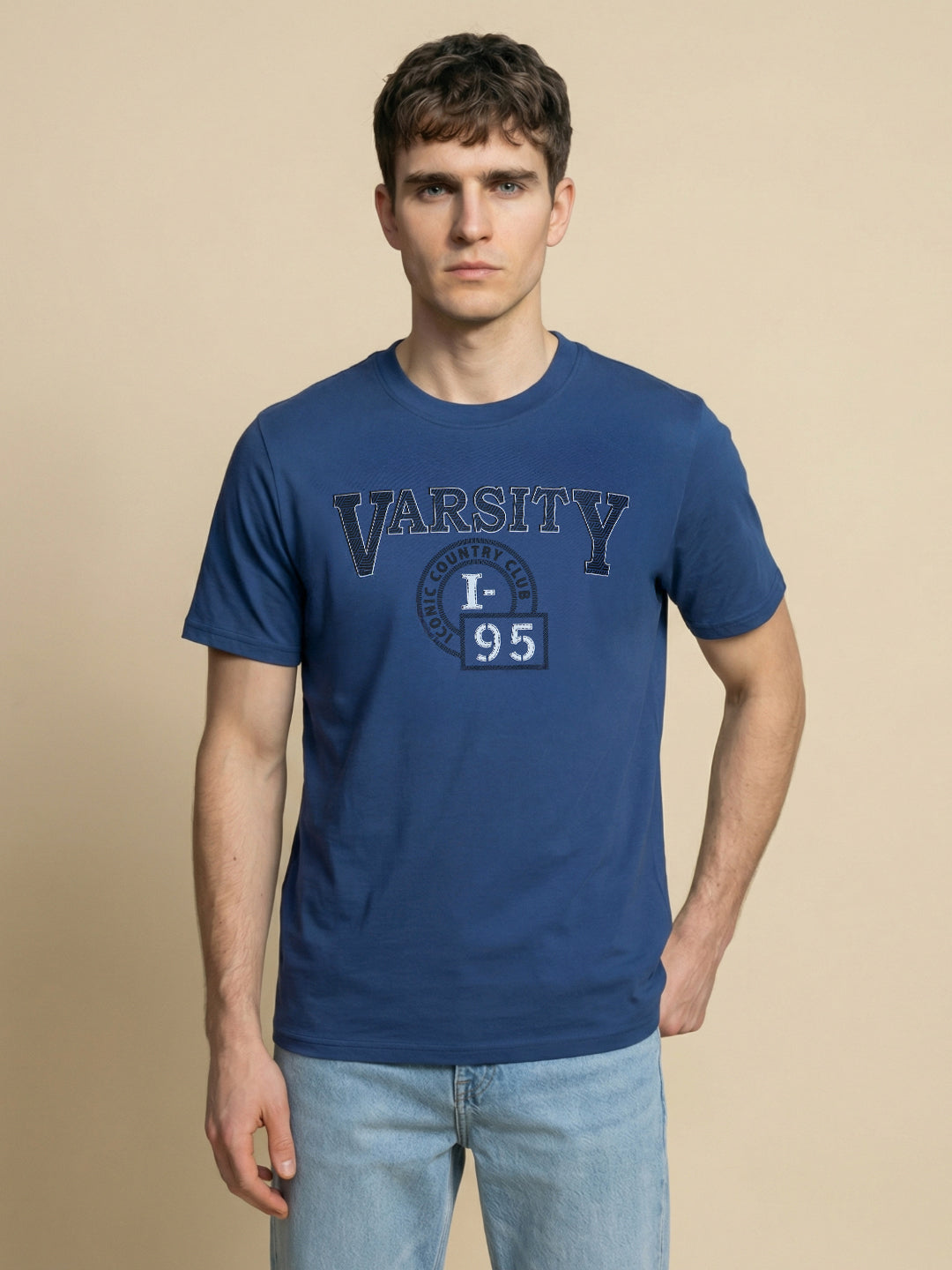 Iconic Men Blue Graphic Print Regular Fit Pure Cotton T-Shirt