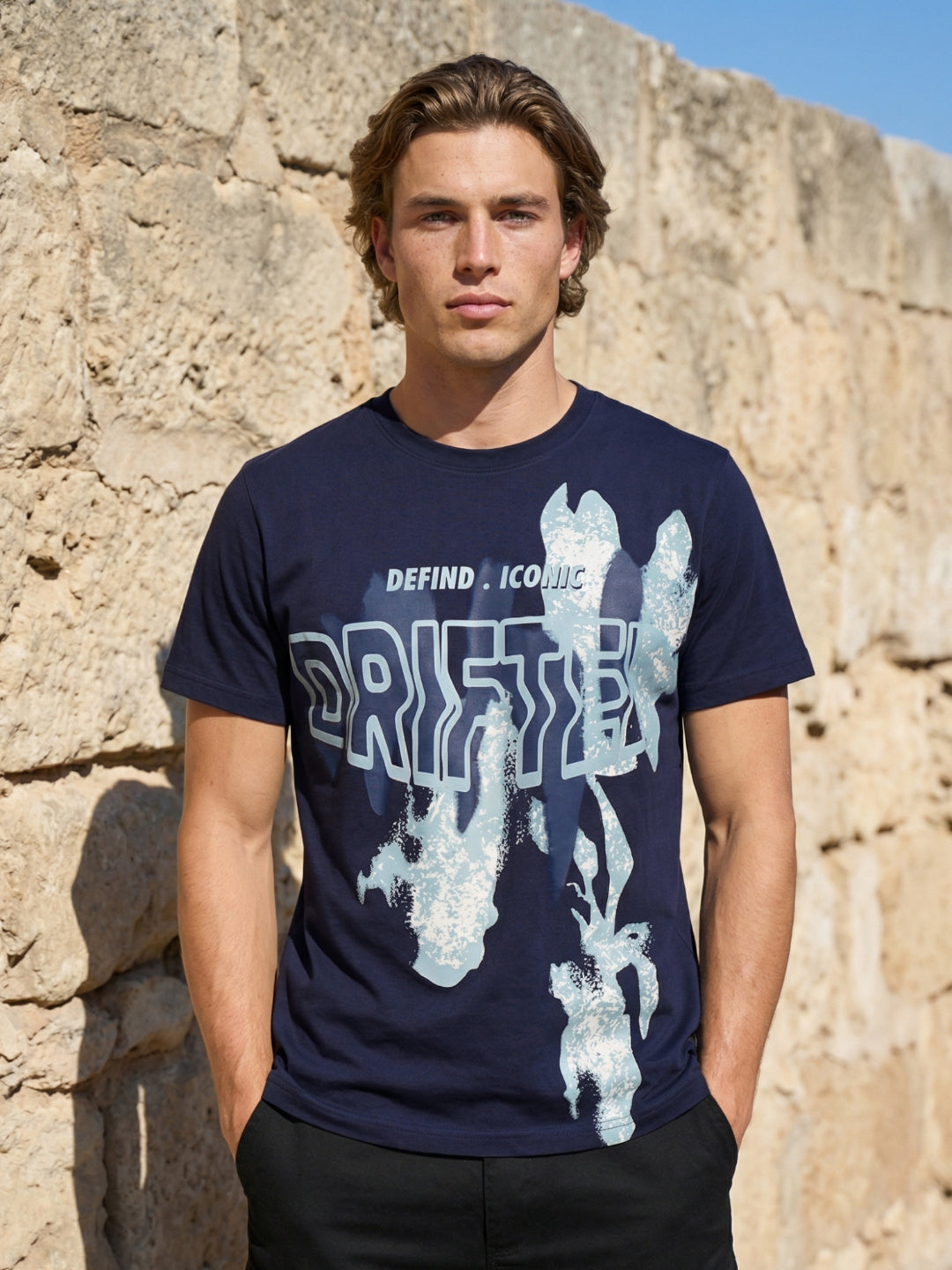 Iconic Men Cotton Navy Blue Graphic T-Shirt