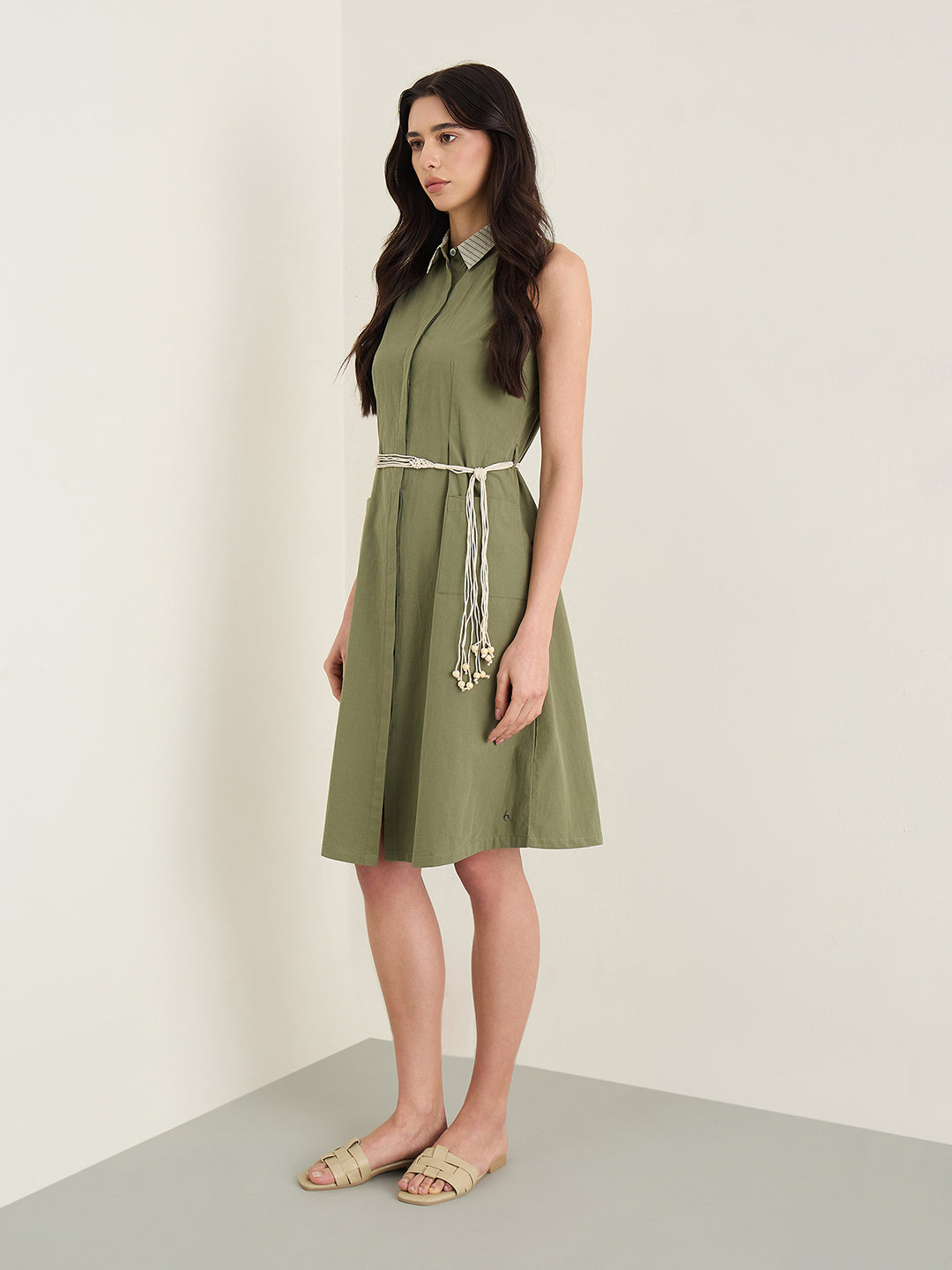 Iconic Women Olive Green Shirt Collar Dress
