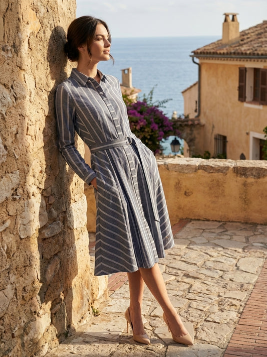 Iconic Women Blue Striped Shirt Dress With Self Fabric Belt